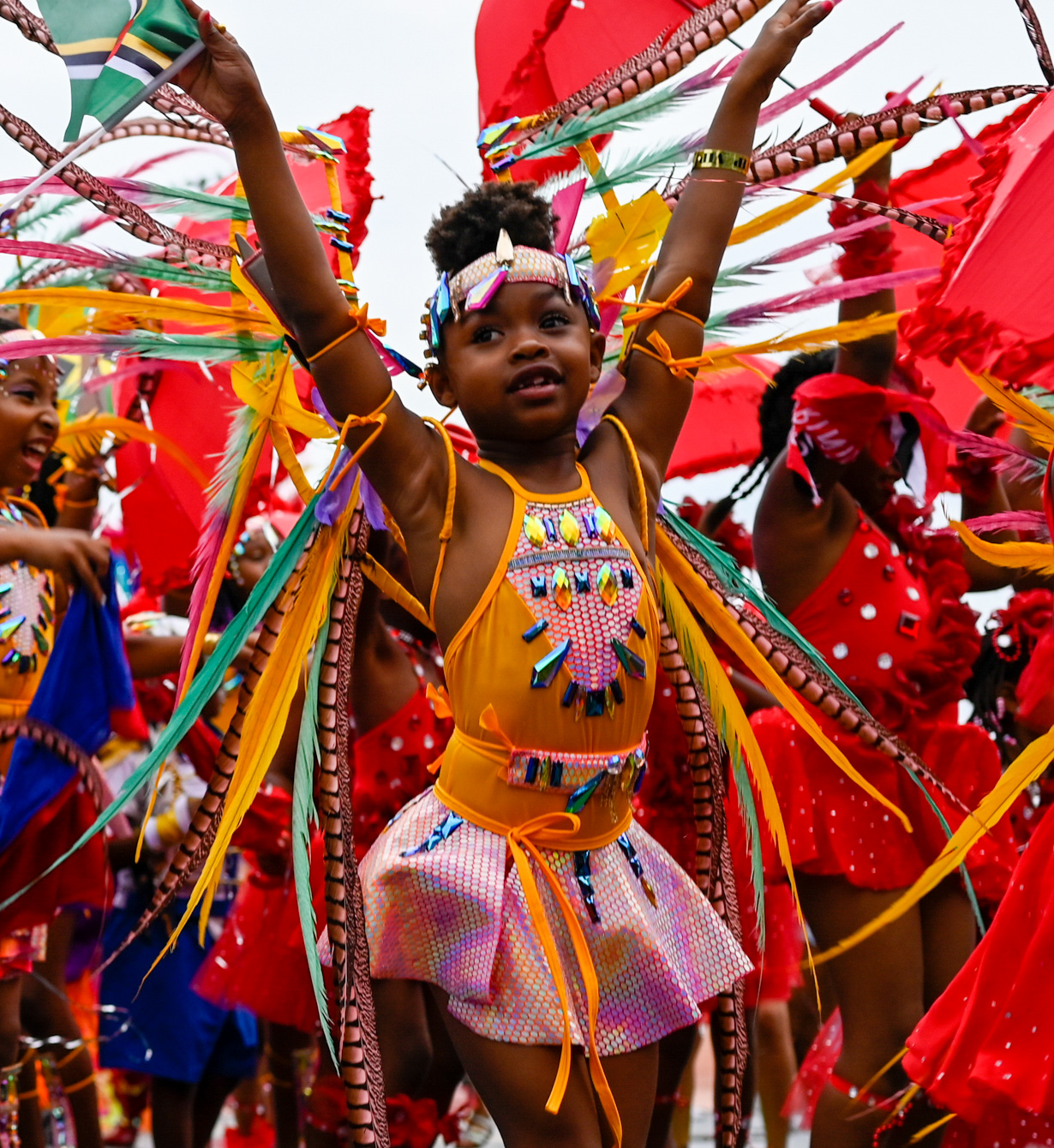 Carnival costume detail in bright feathers and jewels