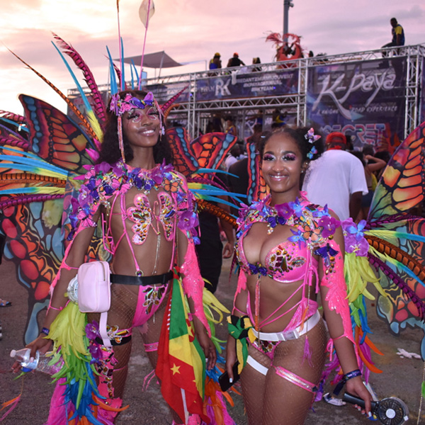 Masqueraders in feathered costumes crossing the stage at Miami Carnival