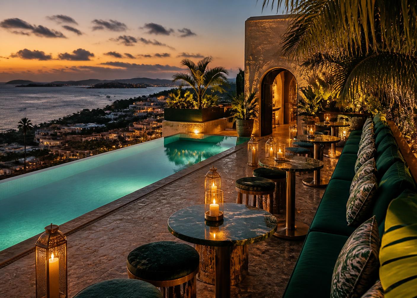 Rooftop terrace with pool deck at dusk, part of the Island Fest hotel block